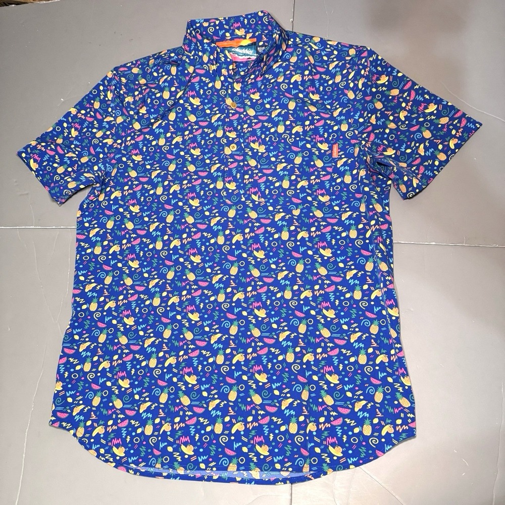 Chubbies Popover Shirt M Medium Blue AOP Short Sleeve Performance Graphic Fruit